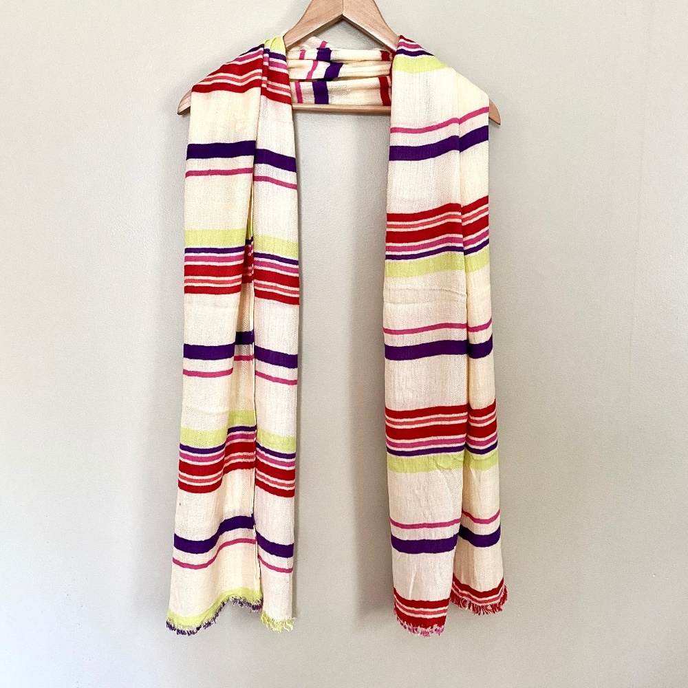 Beige with Multicolored Stripes Rectangle Scarf with Fringe